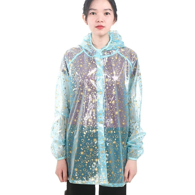 

Plus Size Men Women TPU Plastic Printed Transparent Hooded Top Long Sleeves Loose Coat Waterproof Raincoat Sparkling Jacket