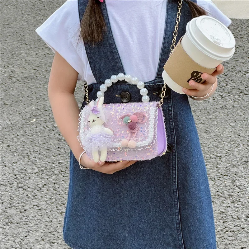 Cute Cartoon Doll Children\'s Shoulder Bags Fashion Pearl Handle Princess Girl Messenger Bag Sweet Novel Kid Change Purse Handbag