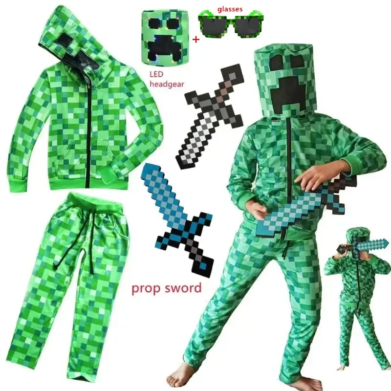

New Sportswear Kids boys Halloween Green Cosplay Costume Funny clothing Birthday Party Children C-Creeper-games Set LED Headgear