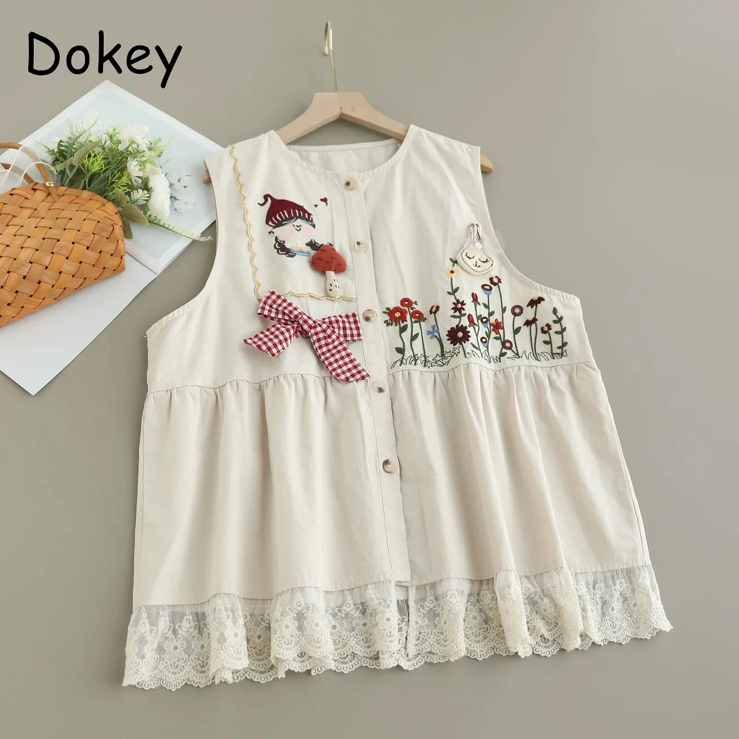 Japanese Mori Girl Lace Ruffled Cotton Vest Women Autumn Vintage Embroidery O-neck Sleeveless Cardigan Casual Female Waistcoat