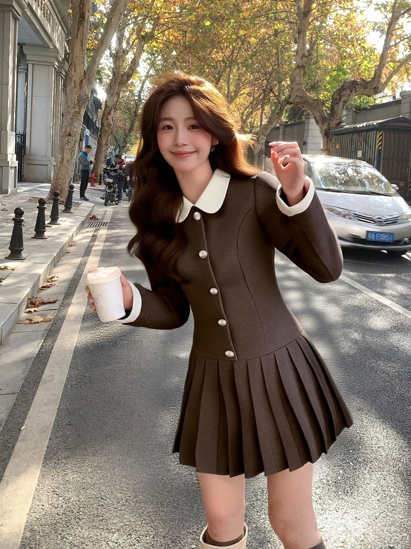 

Women Brown Suit Mini Dress Spring Autumn New Style Single Breasted Decor Splicing White Turn-down Collar Design Short Dresses