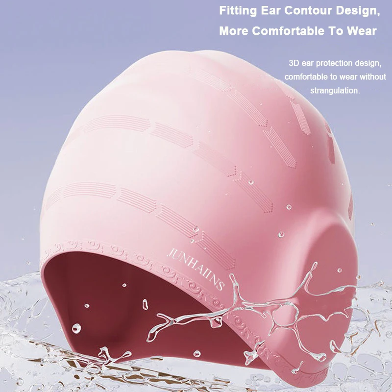 Pre-Molded Ear Contour Swim Cap No Ear Pressure Waterproof Silicone Cap 360° Full Coverage Anti-Leak Resistant Long Hair Swimmin