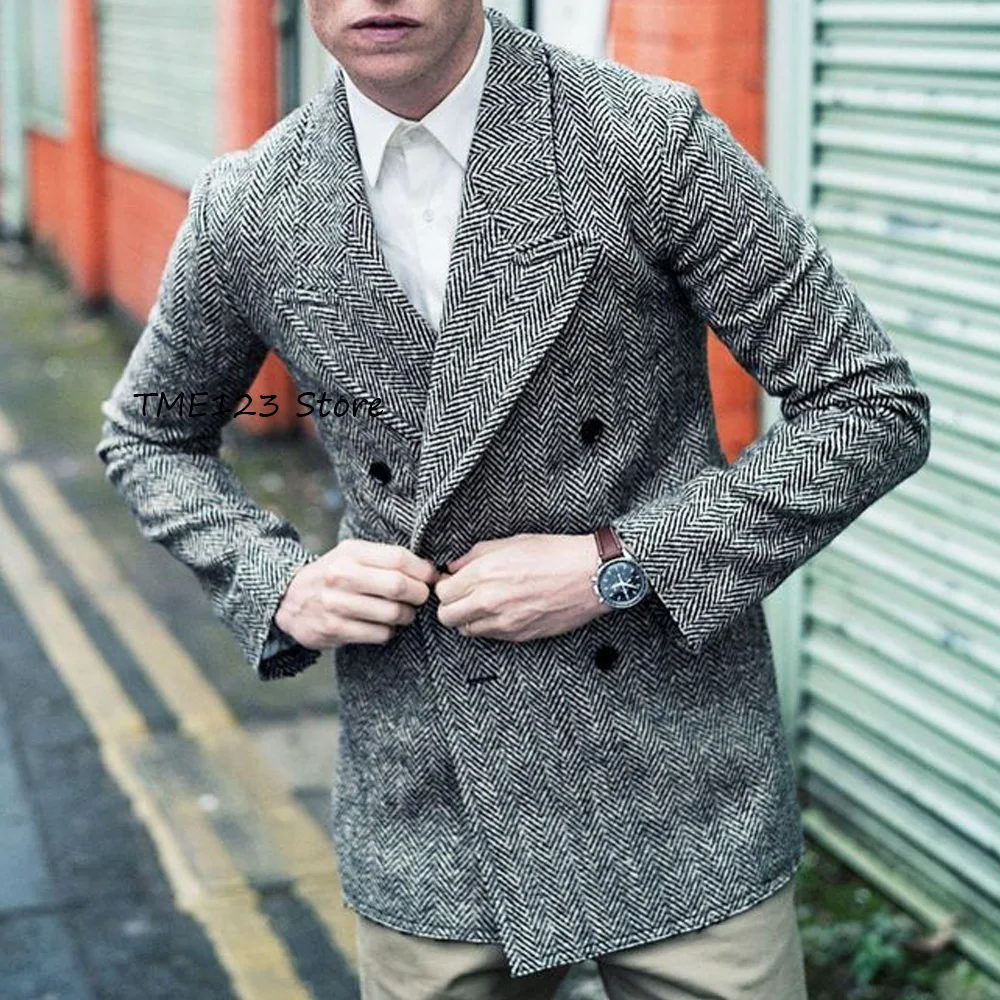 

Повседневные пиджаки, двубортные мужские пиджаки с зубчатыми лацканами, большие городские пиджаки из ткани «елочка», повседневные и стильные