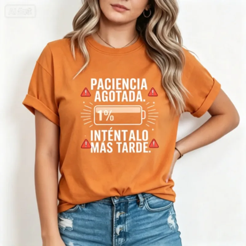 Women Cotton Crew Neck T‑Shirt Paciencia Agotada Spanish Slogan Graphic Tee Low Battery Warning Print Short Sleeve Casual Tops