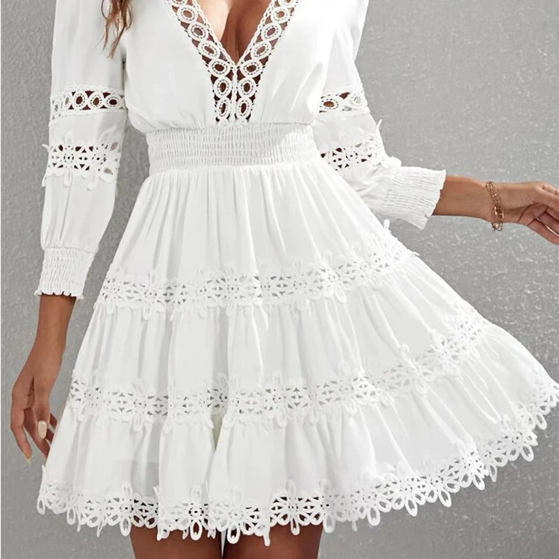 เซ็กซี่ของผู้หญิงฤดูร้อนชุดมินิสีขาวกลวงออกลูกไม้คอวีแขนสามในสี่สบายๆพรรคเย็นเดรสสั้นVestidos