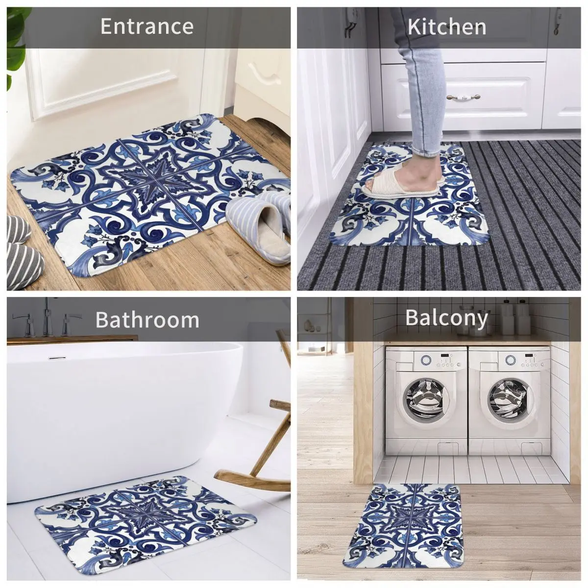 Blue Ornate Floral Mediterranean Sicilian Tile Anti-slip Doormat Floor Mat Durable Carpet Rug for Kitchen Home Footpad Mats