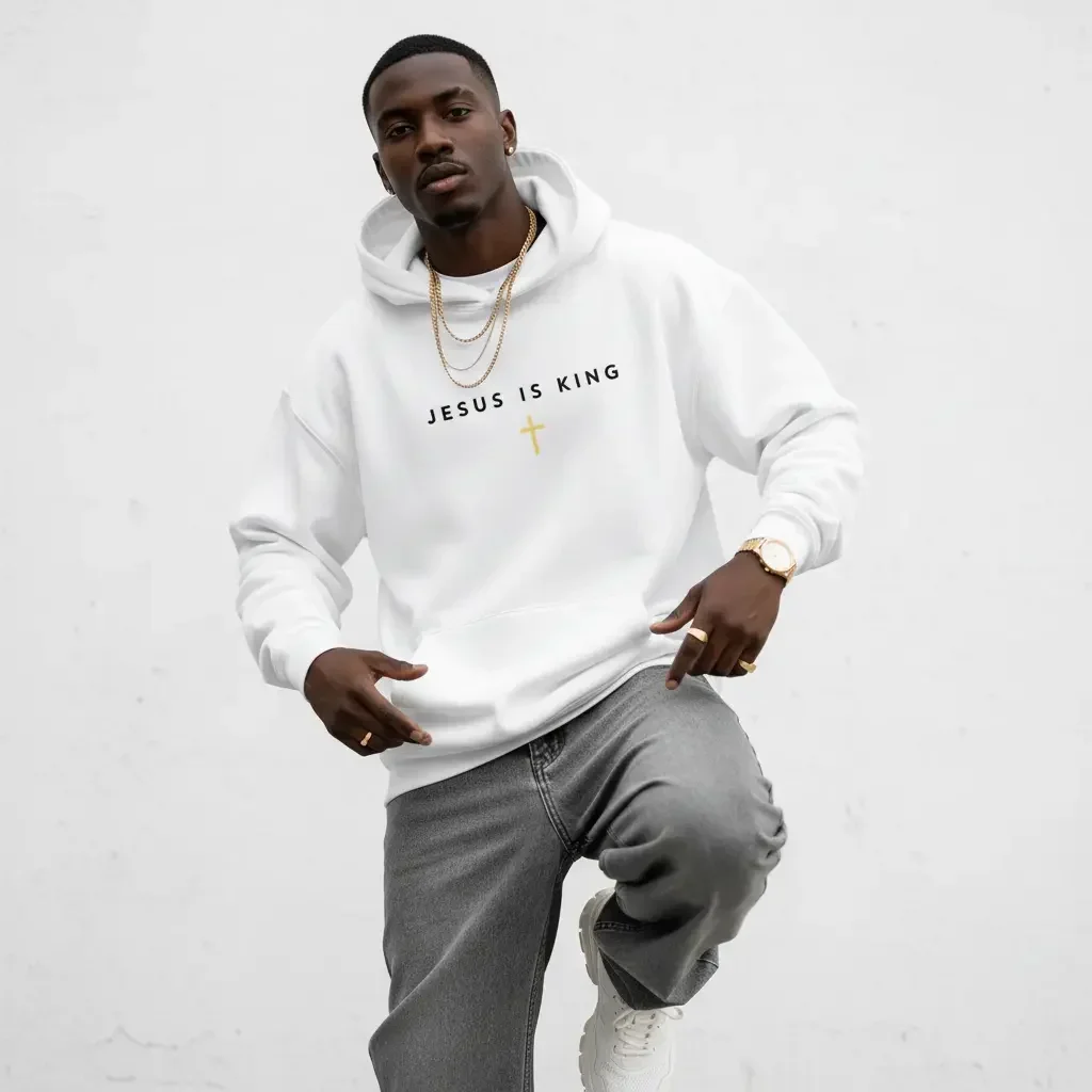 Men's Jesus Is King Cross Christian Faith Graphic Hoodie - Cotton Blend Black Long Sleeve Pullover Regular Fit | Soft & Breathable Fabric, Durable Print, Everyday Comfort, Machine Washable, Minimalist Religious Casual Wear