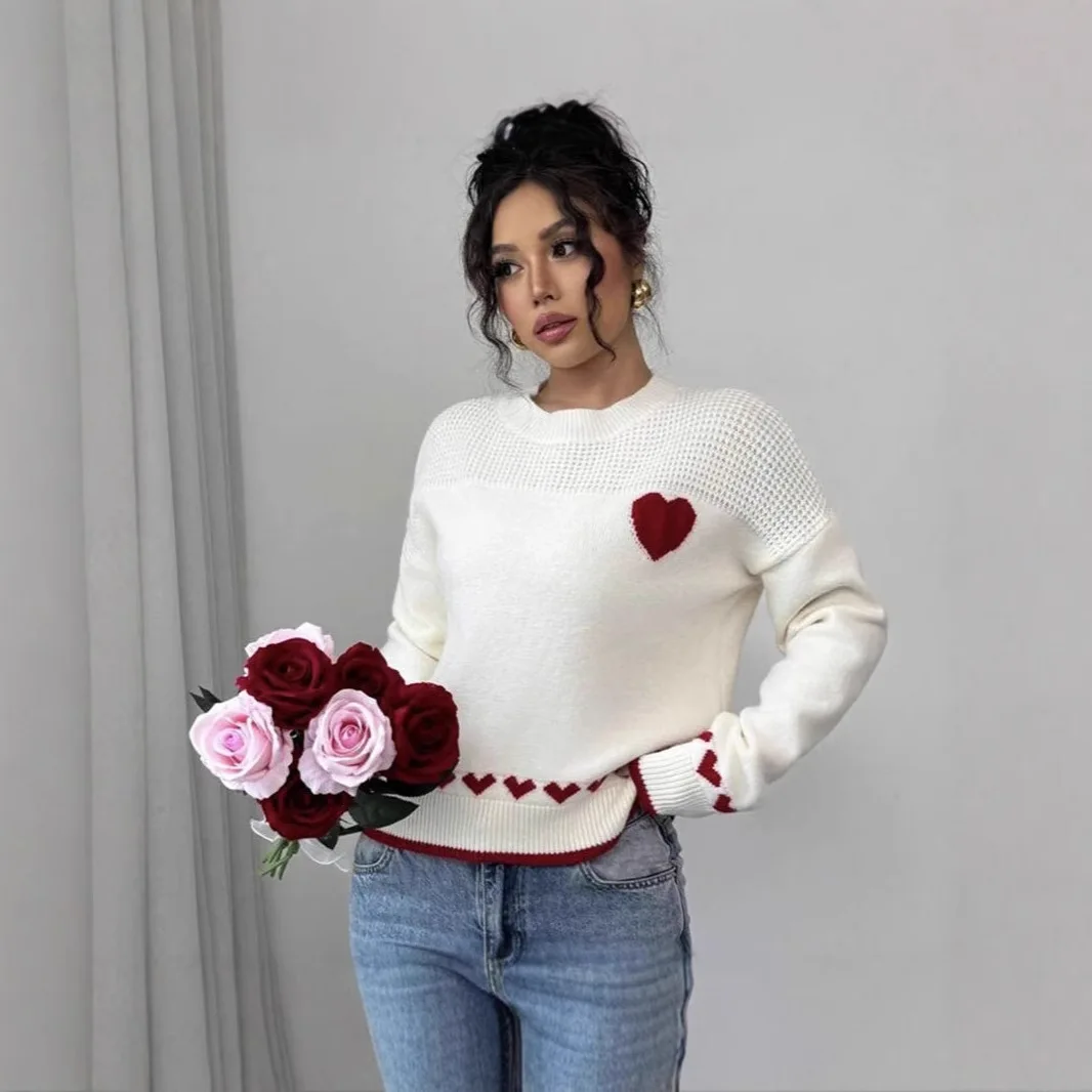 

Autumn Winter Couples' Love Heart Sweater New Women's Loose Crew Neck Knitwear Easy Matching Daily Wear