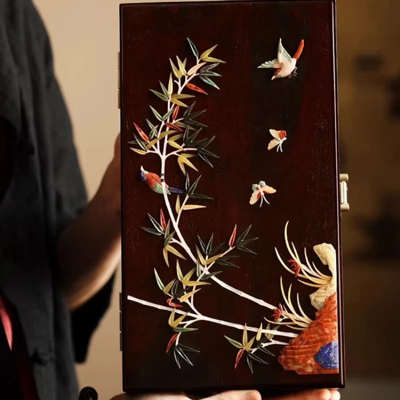 Baibao inlaid bamboo peace jewelry box Chinese solid wood jewelry box mahogany jewelry storage box