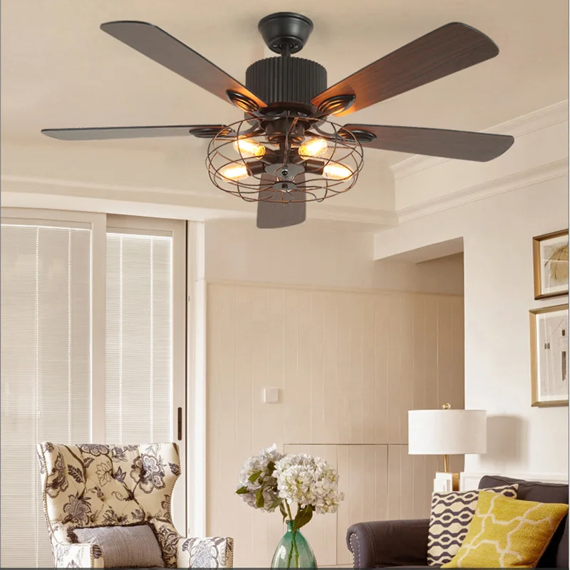 High Quality Loft Fan Chandelier Retro Dining Room Household Electric Fan Mute LED Remote Leaf Fan Lamp