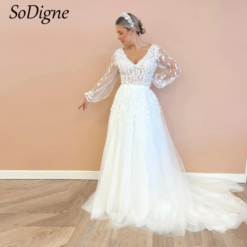 

SoDigne A-line Women Wedding Dresses Full Sleeves V-neck Bridal Dress Tulle Appliques Long 2024 Bride Gown vestidos de novia