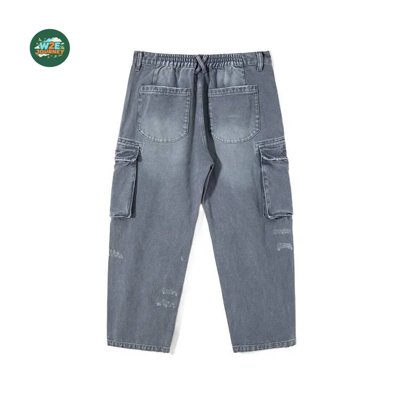 W2EJOURNEY Luxury Quality EU US Size Jean Pants Japanese Retro Loose Wide-Leg Multi-Pocket Work Pants With Elastic Waist For Men