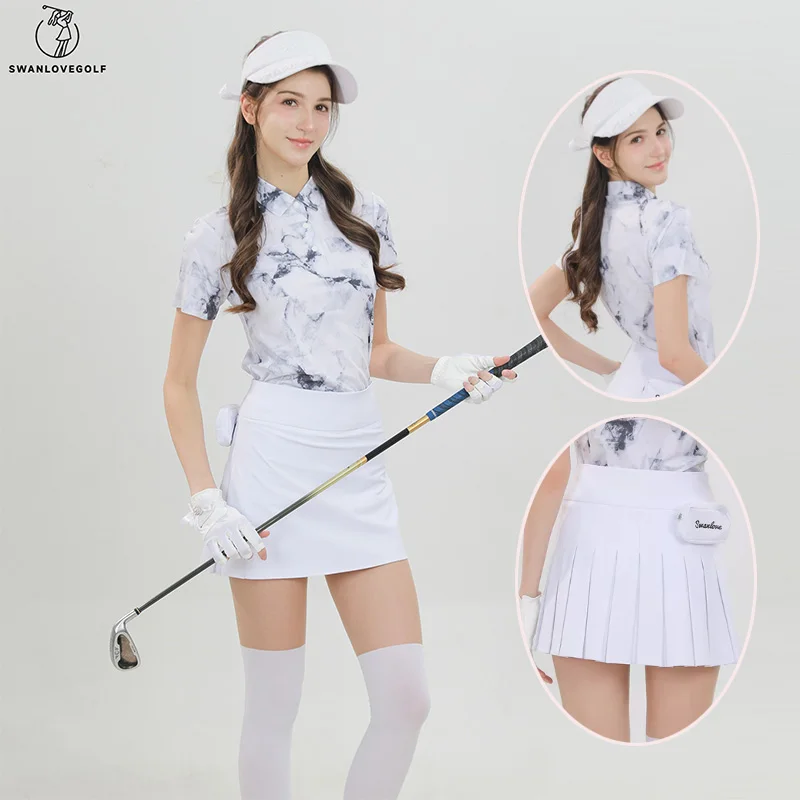 sgニューゴルフ半袖tシャツ-レディース-インクウォッシュプリント-ラペルポロトップ-レディース-スリムプリーツショートスカート-ゴルフスコート-ボールバッグ付き