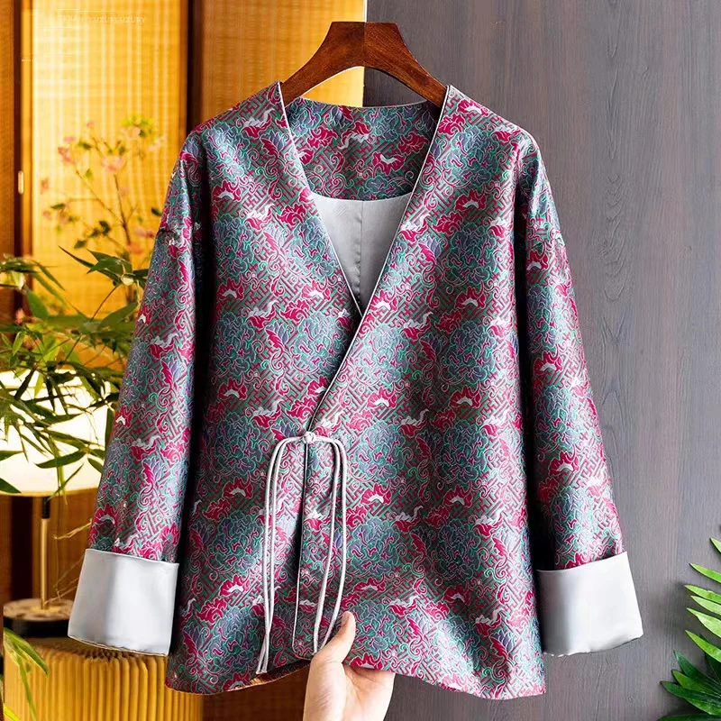 

V-Neck Single Button + Tassels Chinese Top for Women 2023 New Contrast Color Cuffs Autumn/Winter Vintage Coat Women S-XXL