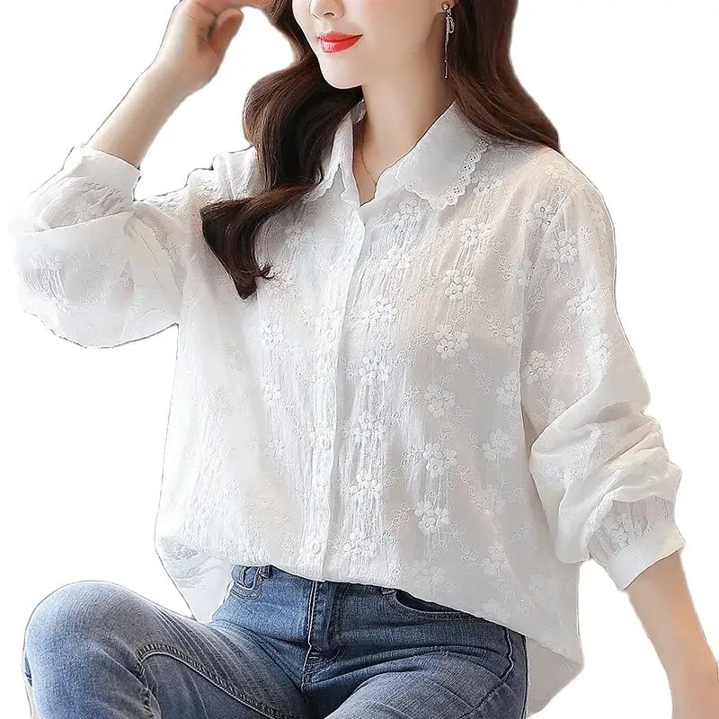 

Spring Summer New 2022 Shirt Long Sleeves Pure Cotton Hook Flower Embroidery Hollow Out Loose Women's Shirts Public Minority Top