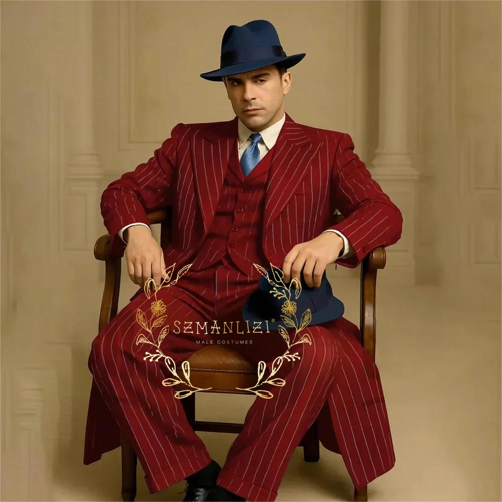 

Бордовые мужские костюмы в полоску, однобортные, с остроконечными лацканами, длинная куртка, брюки, жилет, приталенный крой, смокинги для свадьбы, жениха, выпускного вечера, костюм на заказ