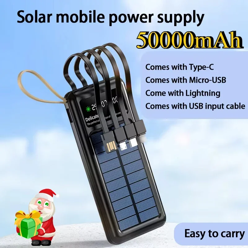 50000 Mah Solar Power Bank Thin Light Comes With Four-wire External Battery Portable Daily Power Bank For Apple Xiaomi Samsung