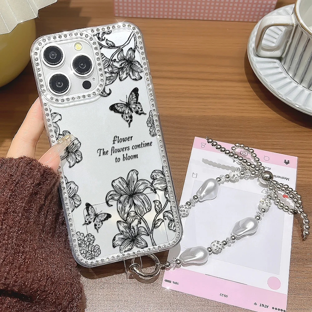 Diamant Lanyard Telefon Fall Für iPhone 17 16 Pro Max 11 13 15 14 12 Air 17 pro max Transparent Stoßfest Blume Stoßstange Abdeckung Funda