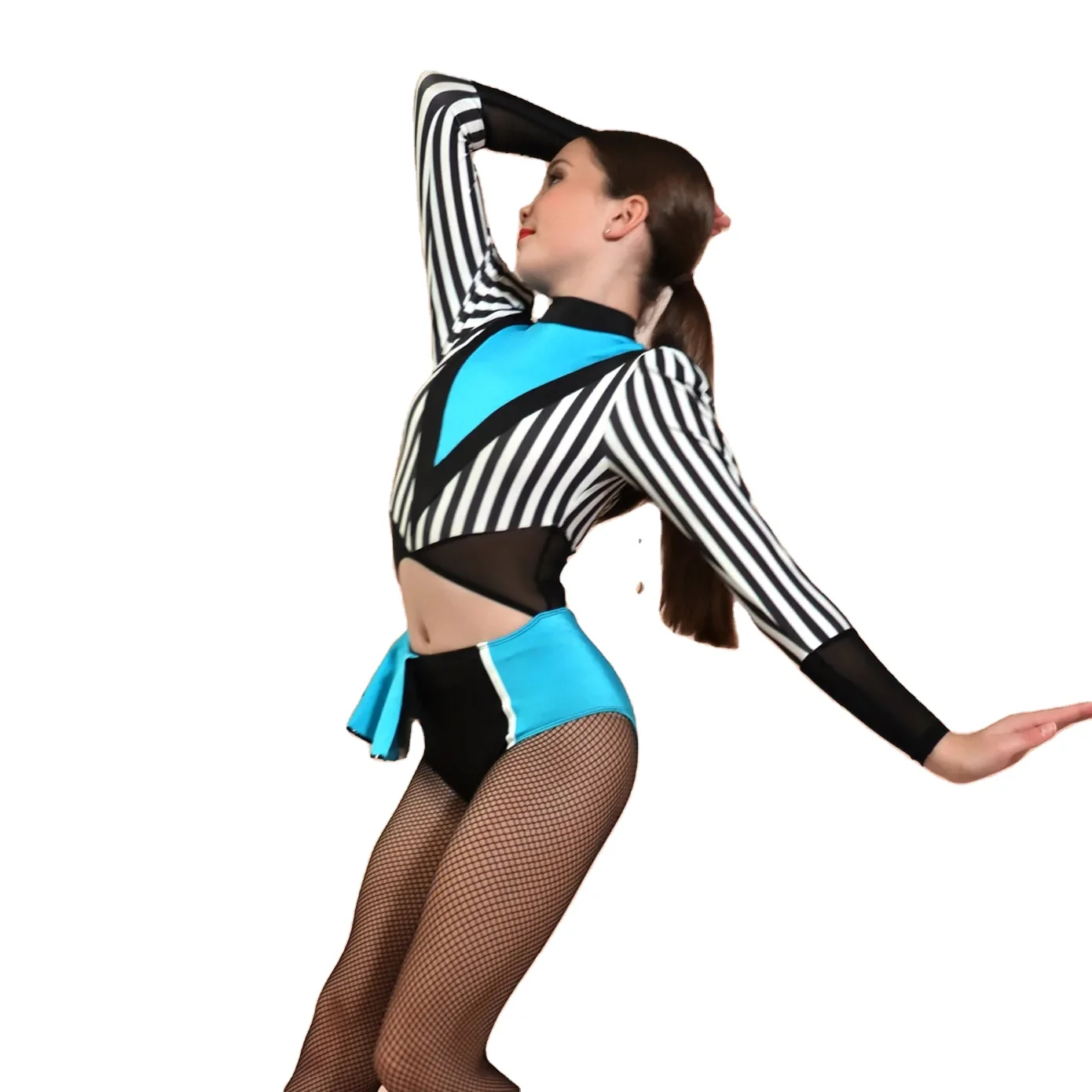 Girls lake blue color Lycra fabric with stripe splicing dance wear with skirt jazz/tap dance costume for stage performance