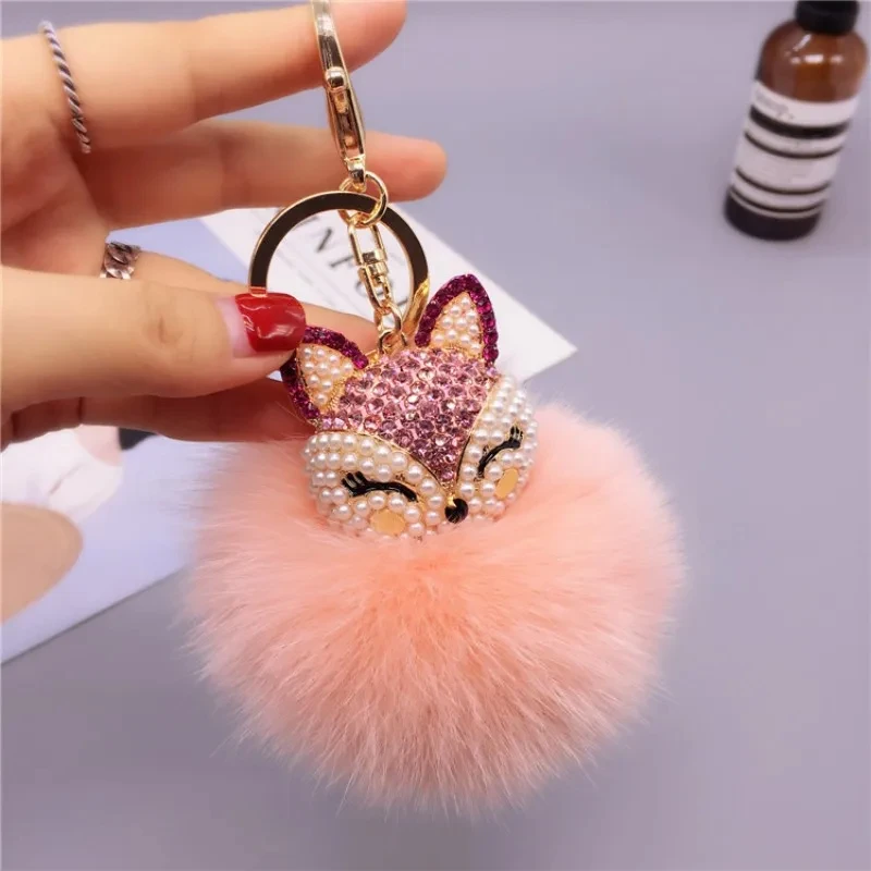 Creative Alloy Fox Scalp Grass Real Fur Ball Car Keychain Pendant Bag Decoration Small Gift