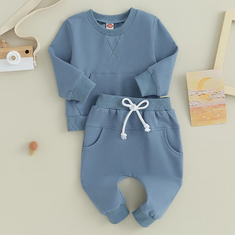 2Pcs Newborn Baby Boys Girls Clothes Toddler Solid Long Sleeve Sweatshirt Jogger Pants Set Fall Winter Outfits