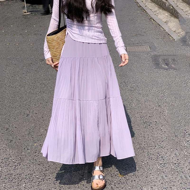 Jupe longue plissée coréenne pour femmes, taille haute, en mousseline de soie, élégante, couleur unie, ligne A, été, 2025