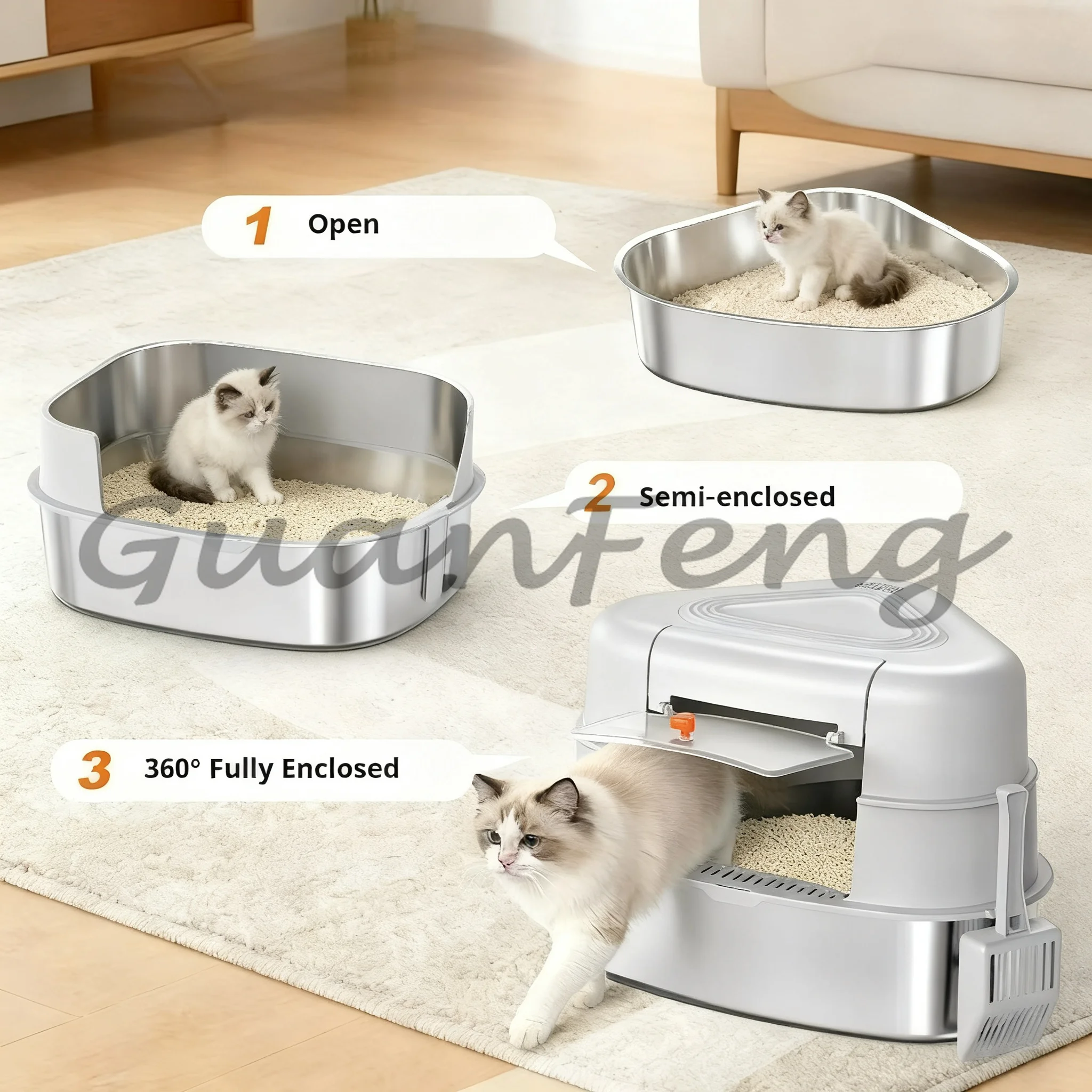 Extra Large Corner Triangle Stainless Steel Cat Litter Box, Enclosed Splashproof Odor Control Cat Toilet with Scoop