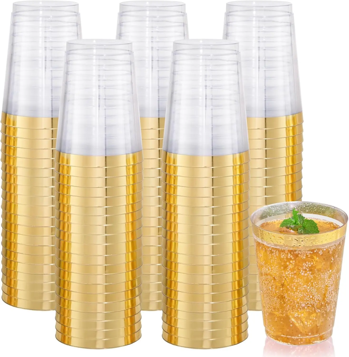 

120 шт. золотых пластиковых стаканов - пластиковые стаканы с золотым ободком 10 унций - прочные одноразовые стаканы - прозрачные стаканы с золотым ободком для свадьбы