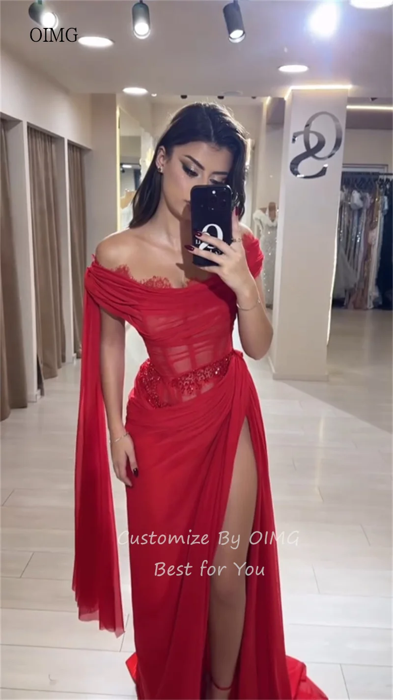 فستان سهرة من OIMG Airy باللون الأحمر قبالة الكتف حورية البحر فساتين حفلات شيفون بفتحة جانبية طول الأرض 2026 مخصص #3