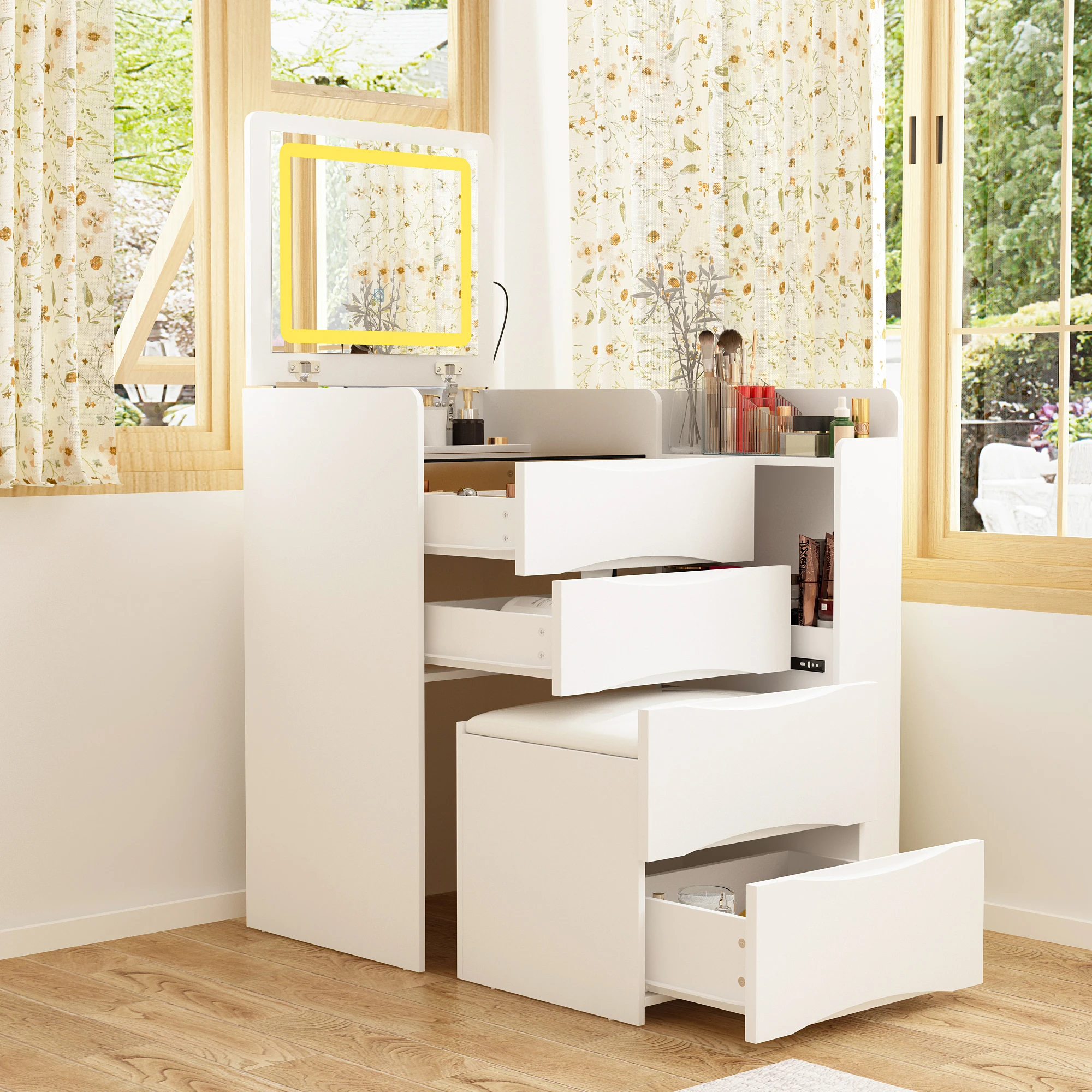 New Best Model  Makeup Vanity Desk with Flip Mirror & LED Lights, Dressing Table with 3 Drawers, Stool and Glass Top, White