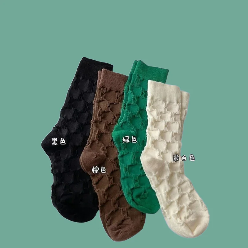 

4/8 Pairs Women's Solid Color Bubble Plaid Textured Cotton Socks Casual Sports Long Tube Stacked Socks Women's Mid-Tube Socks