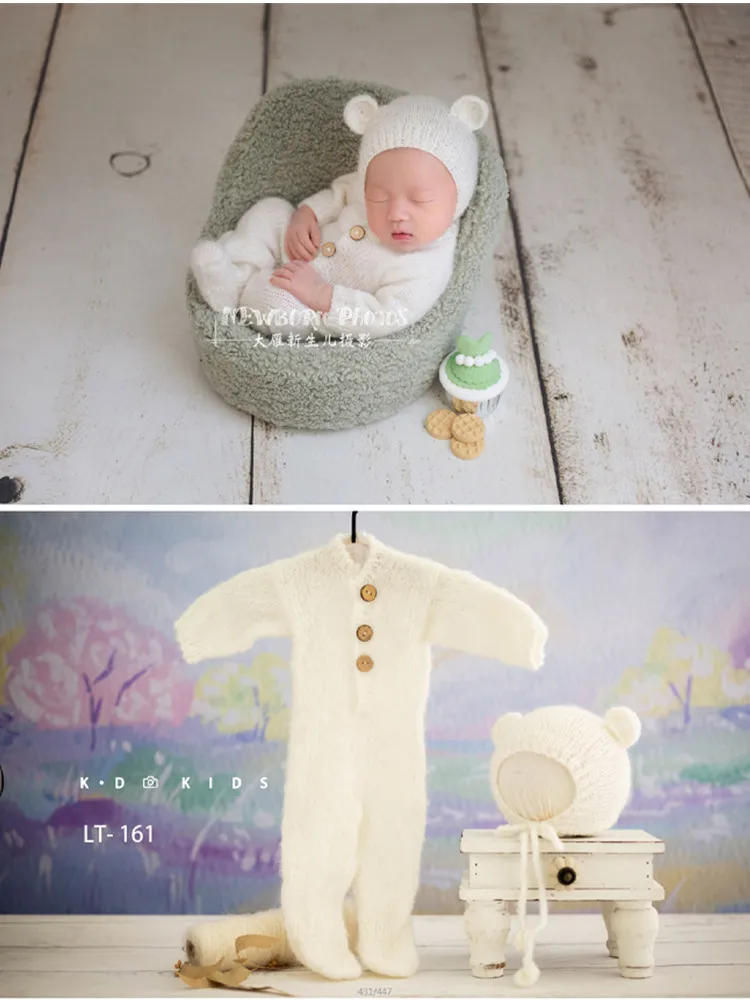 High End Wool Onesie Ear Hat Set Newborn Photography Outfit Soft High Elasticity Romper Bodysuit Studio Baby Boy Girl Clothes