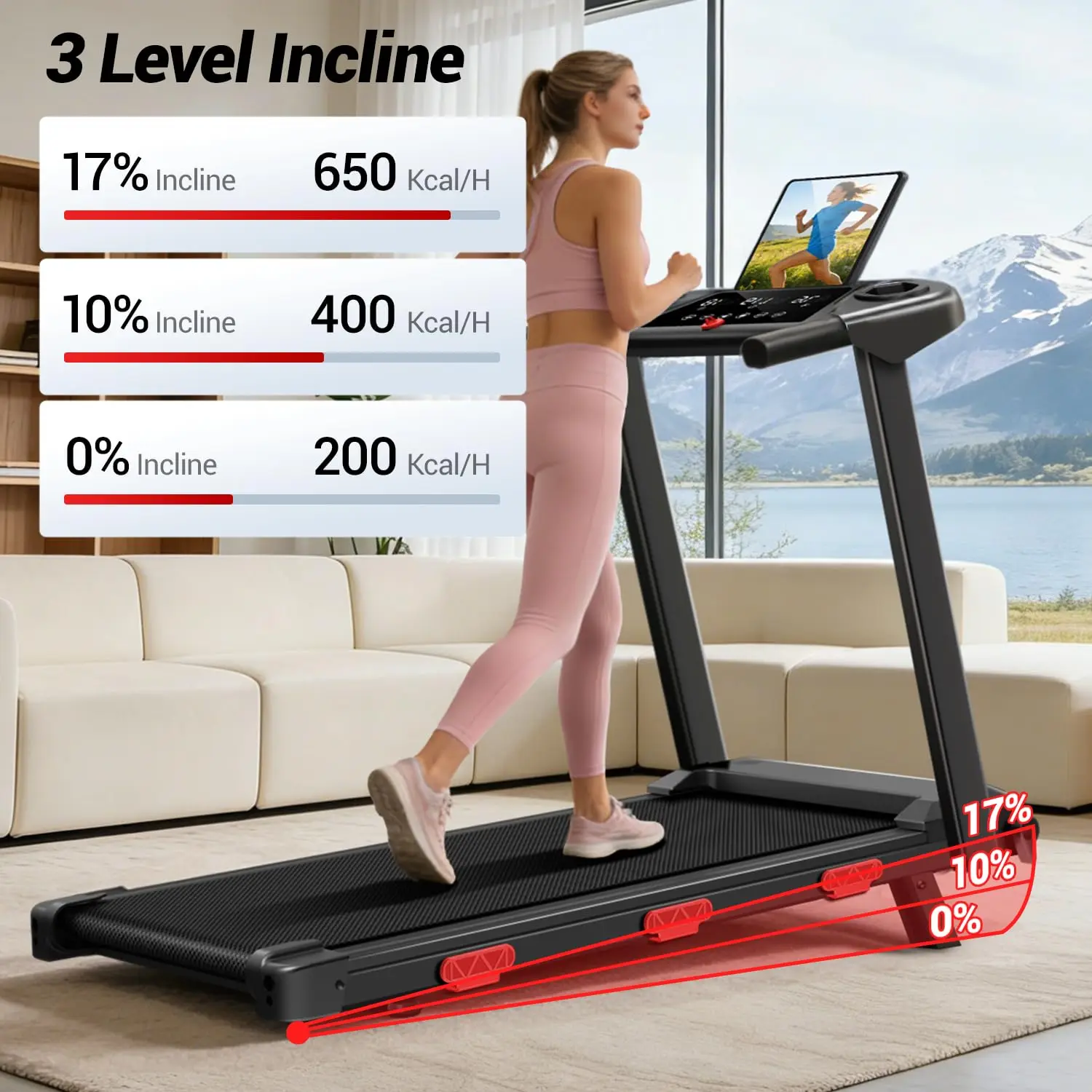 18% Incline Folding Treadmill, 3.0HP Brushless Motor, 3 Levels, 12 Programs, LED Display, 350 LBS, 0.6-7.5 MPH, Customized