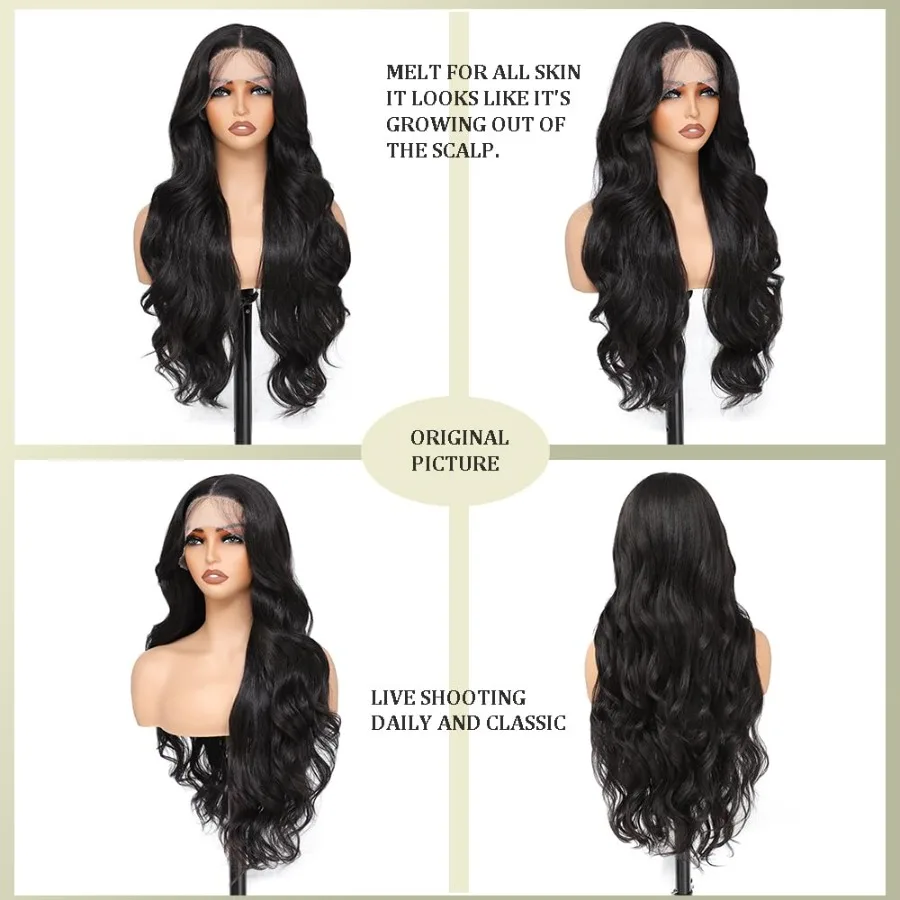 باروكة صناعية سوداء مقاس 28 بوصة للنساء مع الجزء الأوسط وخط شعر من الدانتيل الأمامي، تصميم مقاوم للحرارة مثالي لـ D #2