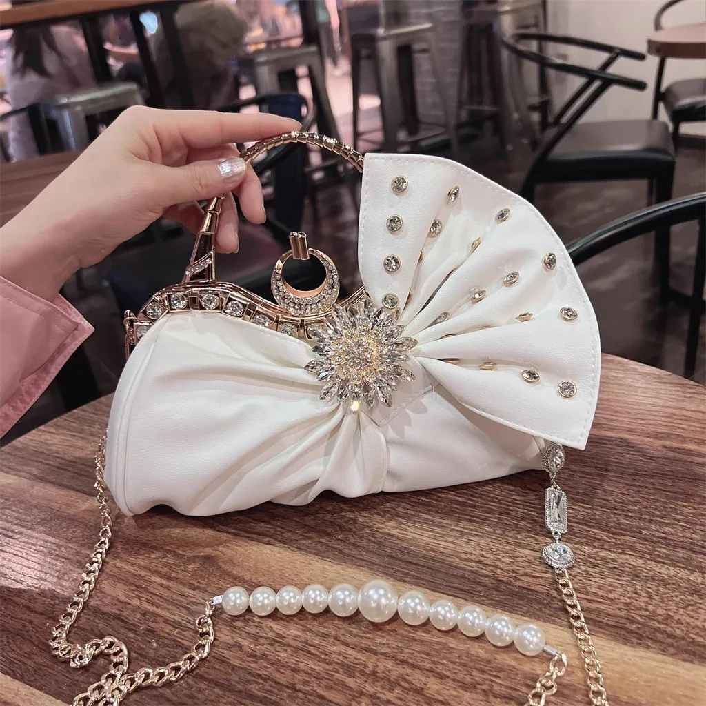 

Fashion Bow Knot Pleated Cloud Bag Women Handbag Glitter Rhinestones Diamond Evening Bag Wedding Party Clutch Purse Shoulder Bag