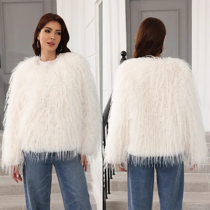 เสื้อคลุมขนสัตว์เทียมสำหรับผู้หญิง ทรงหลวม แฟชั่น ขนฟ็อกซ์เทียม หนังเทียม ทรงสั้น อุ่นสำหรับฤดูหนาว