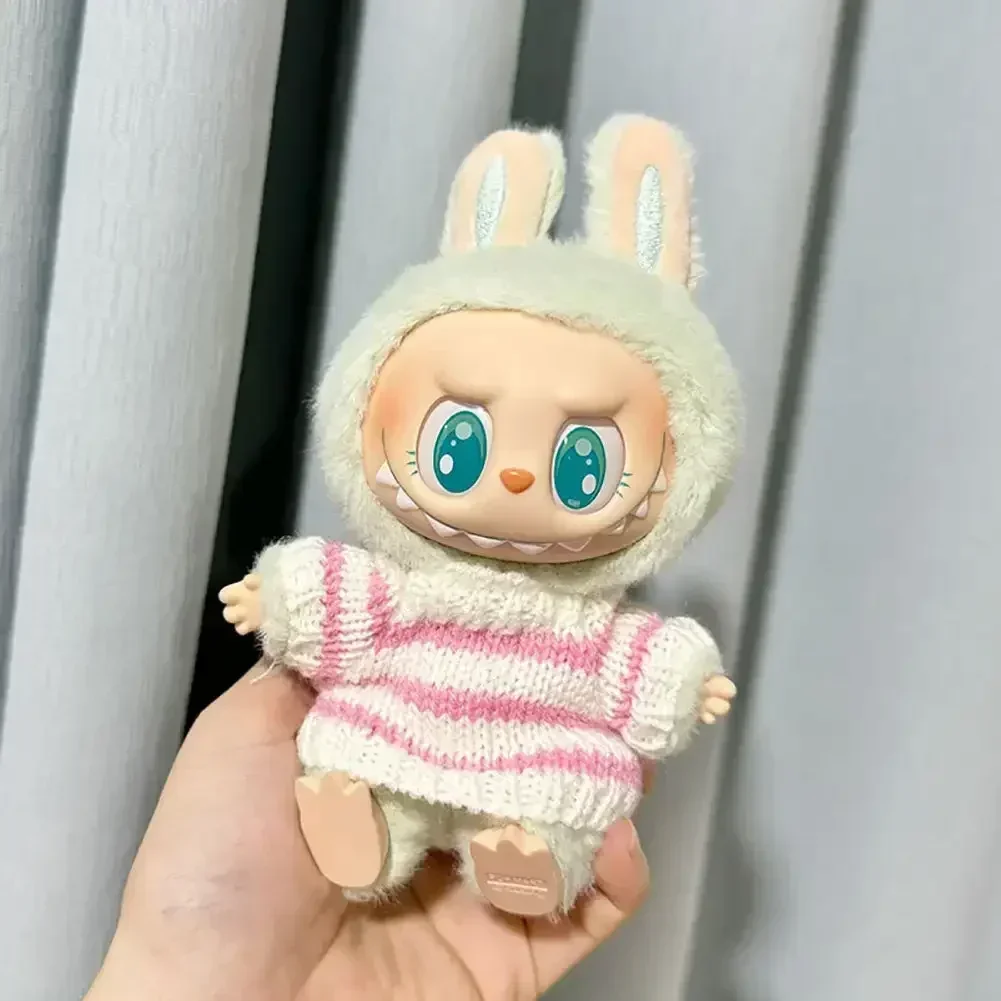 Baju boneka lucu untuk Labubu V1 V2 Idol Fashion Sweater pakaian pesta duduk bergaris Pink putih Sweater Cup pakaian