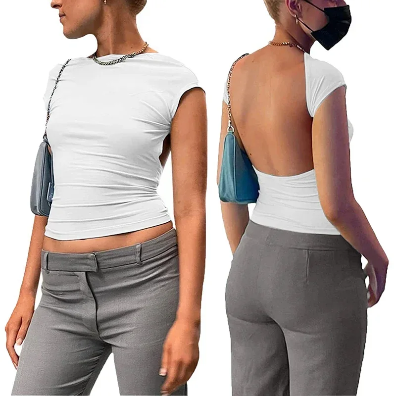 Sexy Backless Black T-shirts Women Short Sleeve Solid O-Neck Fashion Summer New Tees Clubwear Streetwear Casual Slim Crop Top