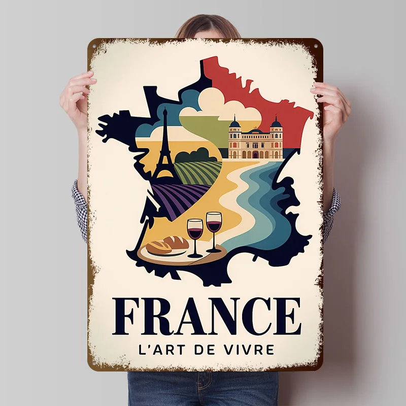 Francia: L'art De Vivre - Letrero Metálico Personalizado Vintage, Placa de Metal Retro para Decoración de Habitaciones de Videojuegos y Hogar