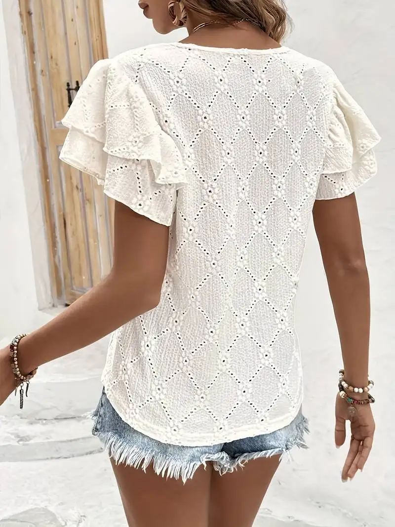 Damski letni wzór 2025, plisowana, marszczona, trójwymiarowa diamentowa siatka żakardowa, dwuwarstwowe rękawy w kształcie liści lotosu, elegancki, casualowy.