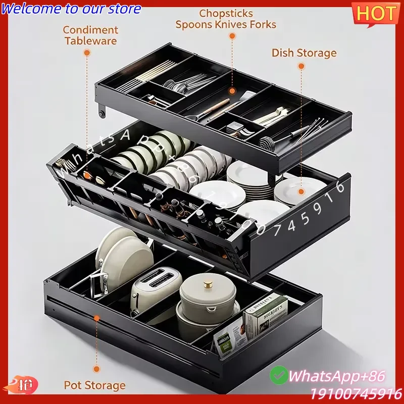 2026Hot Kitchen Cupboard Household Flavor Flat Condiment Telescopic Storage Double-Layer Drawer Cabinet Aluminum Alloy