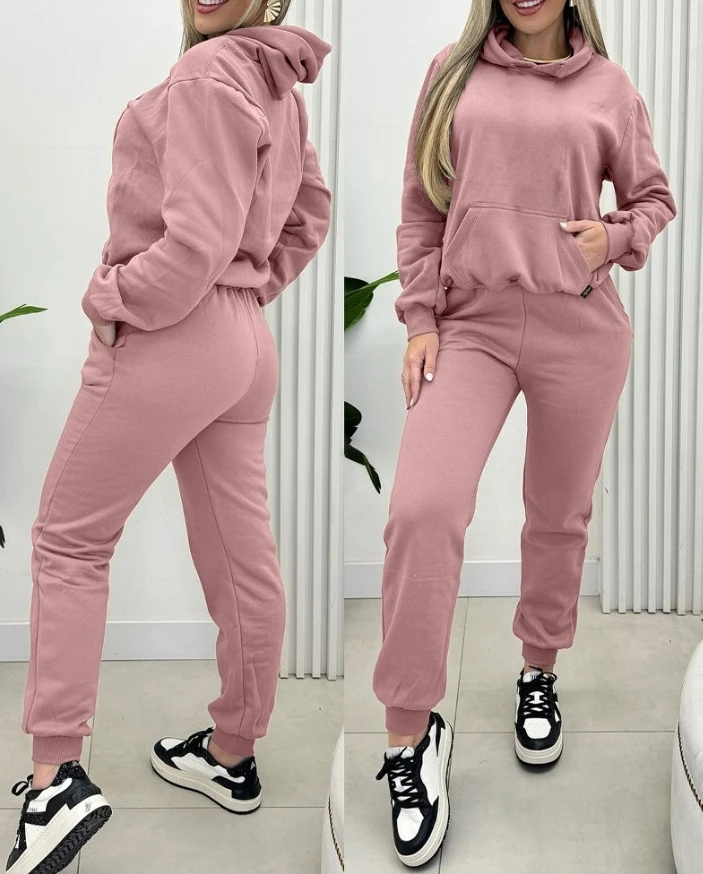 

Women's Camouflage Style Suits 2025 Autumn Winter Latest Solid Color Fashionable Pants Set with Thick Fleece Hooded Sweatshirt