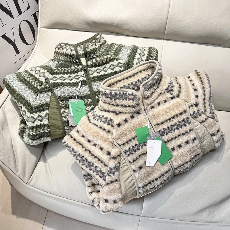 여성용 테이니드 페이스 라이닝 스탠드 칼라 양털 재킷 레트로 스타일 코트 따뜻한 폴리에스터 섬유 롱 슬리브 지퍼 클로저