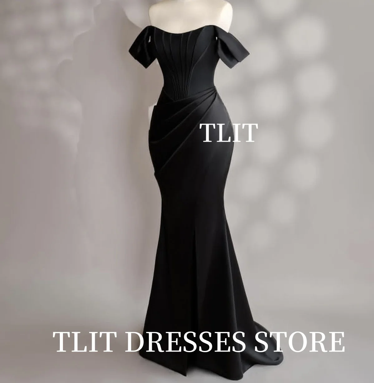 TLIT Abiti da sera eleganti in raso di seta drappeggiato nero Vestido da noite Abiti da festa formali senza spalline personalizzati con spalle scoperte