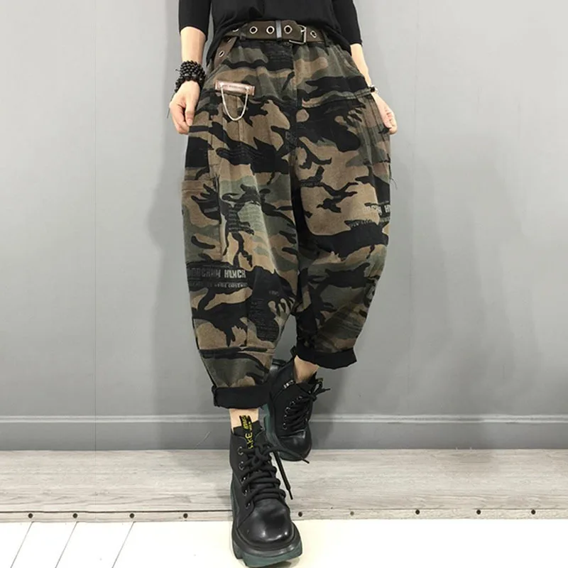 2026 Arrival Spring Autumn Women High Waist Ankle-length Loose Vintage Jeans camouflage Cotton Denim Harem Pants XJ483