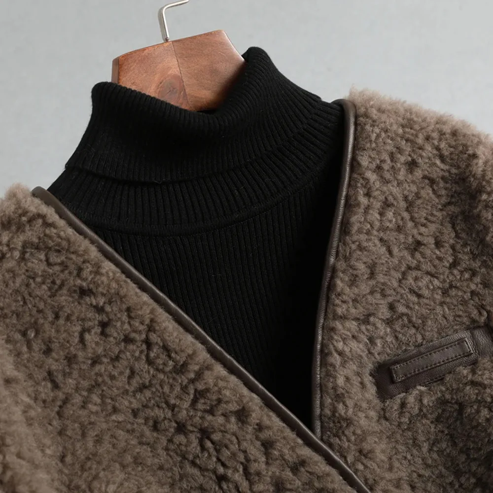 معطف طويل للنساء من Tyeek-Lambswool ، خروف Shearling ، فرو دافئ في واحد ، ملابس نسائية ، شتاء