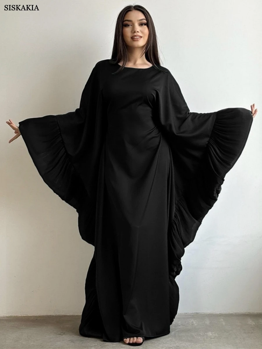 Siskakia Luxury Women Petal Sleeve Abayas Batwing Dubai Batwing Sleeve Maxi Dress Muslim Fashion Solid Kaftan 2025