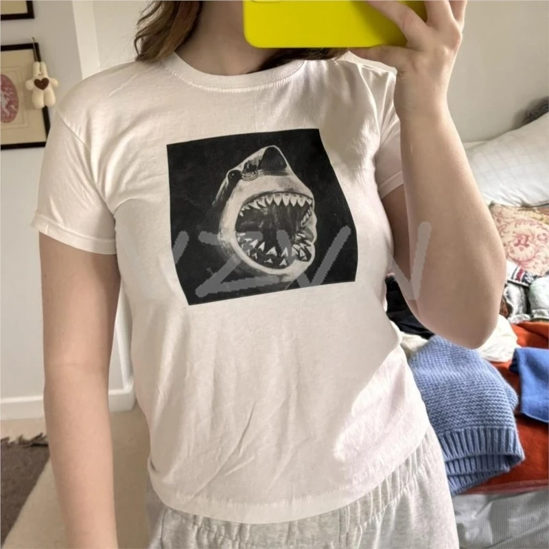 Aesthetic Short Sleeve T-Shirt Y2k Clothes Gothic Emo Girl Croped Tops sharks Printed Vintage Women Casual Baby Tee Streetwear