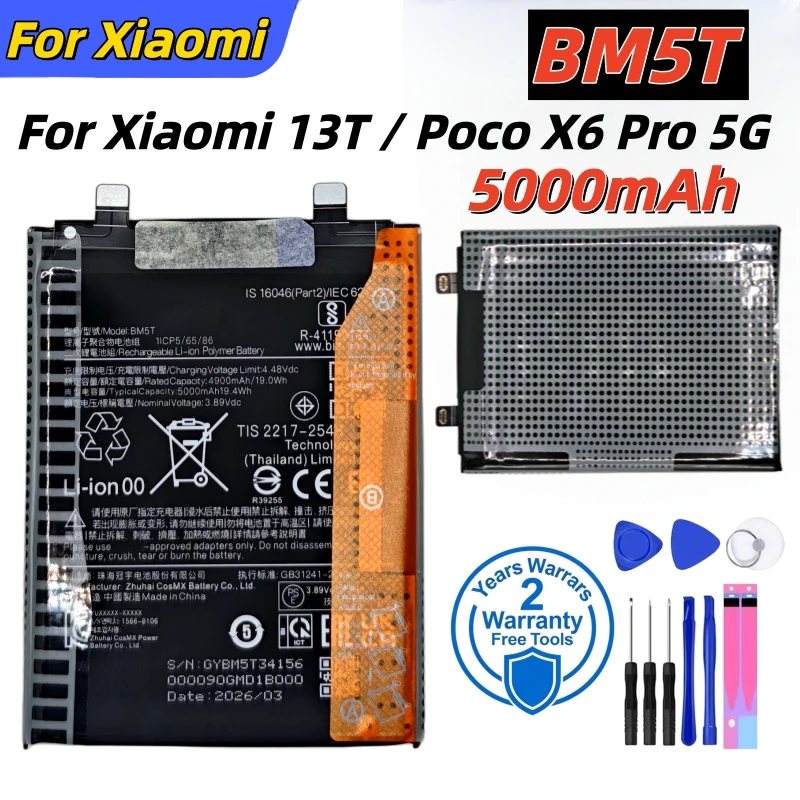 Lithium Battery BM5T 5000mAh High Quality Rechargeable Battery For Xiaomi 13T / Poco X6 Pro 5G Batteries + Free Tools
