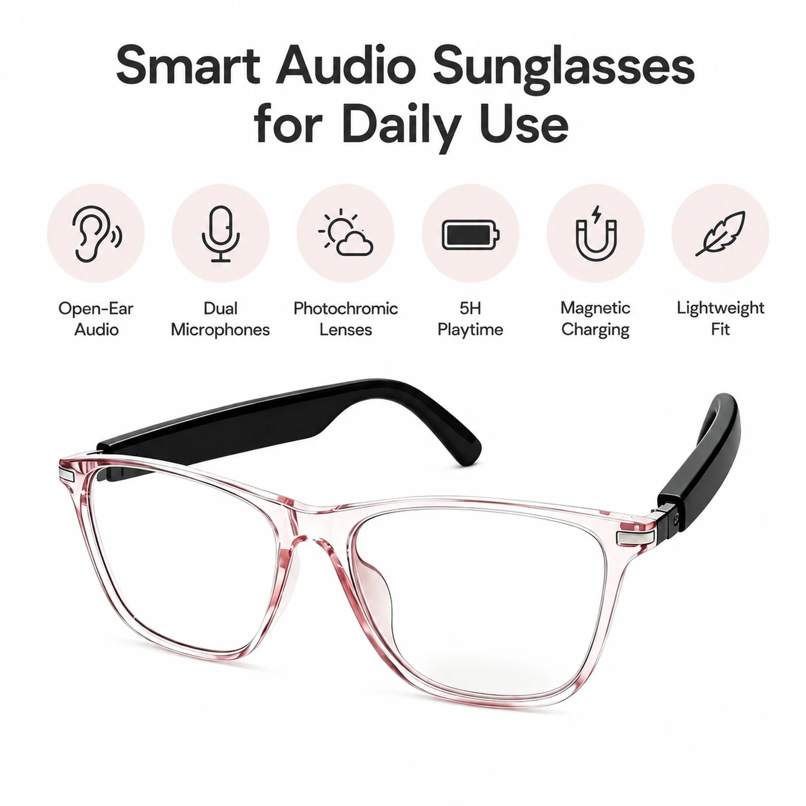 Smart Bluetooth Sunglasses and Smartglasses, Open Ear Audio Glasses with Dual Mics, 5H Playtime for Calls and Outdoor Use